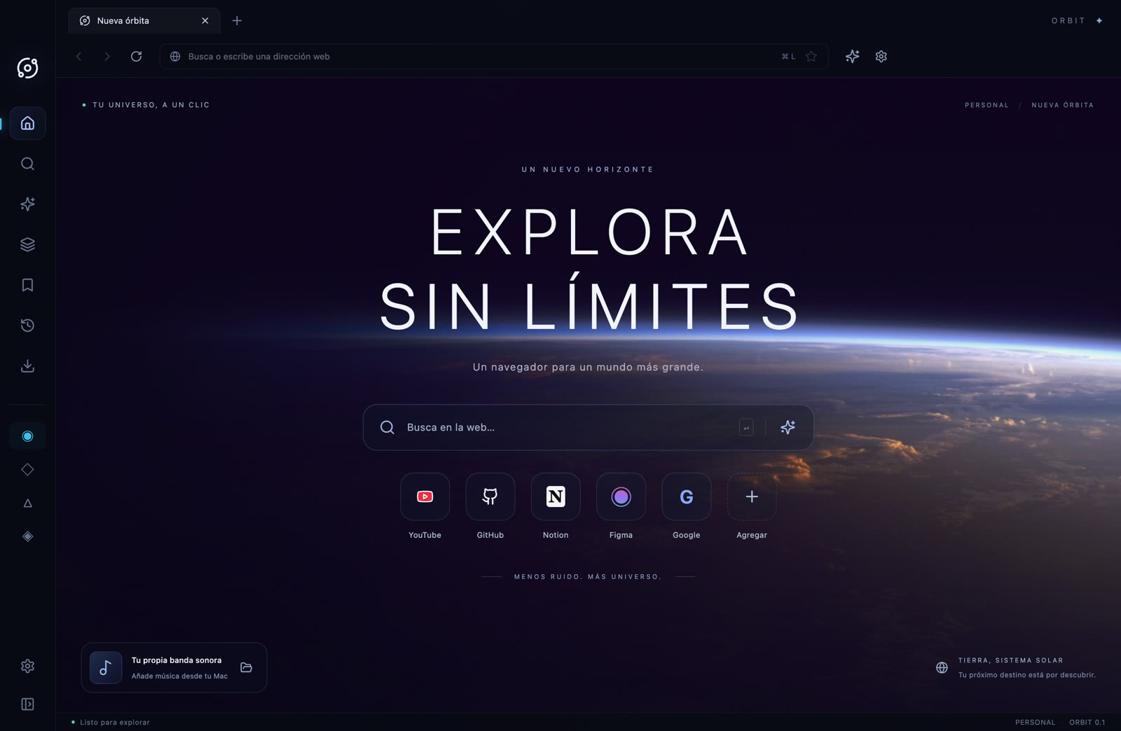 Captura real del navegador ORBIT con la Tierra como fondo, búsqueda y accesos rápidos